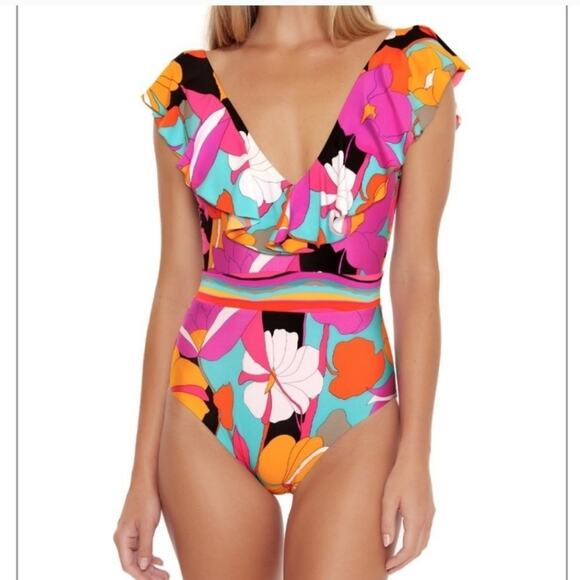Trina Turk Gemini Plunge Ruffle One Piece Swimsuit SZ 10 Tie Back Colorful Swim - Picture 1 of 9